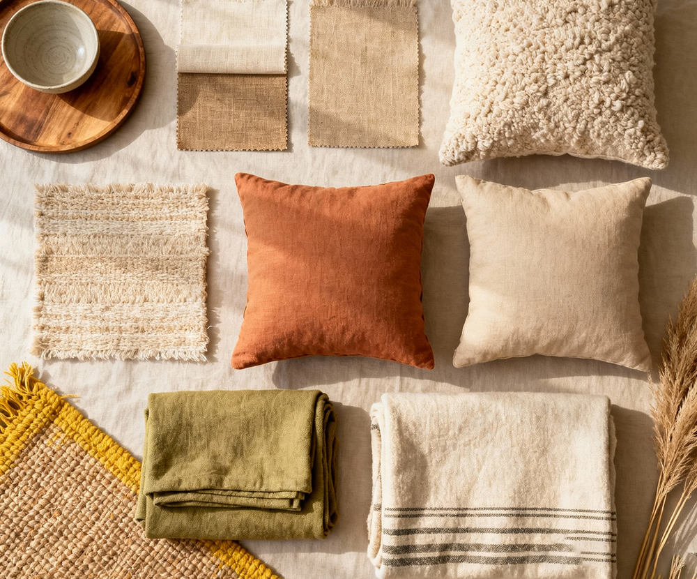 Selection of cushions, rugs and fabric samples in warm neutral and earthy tones