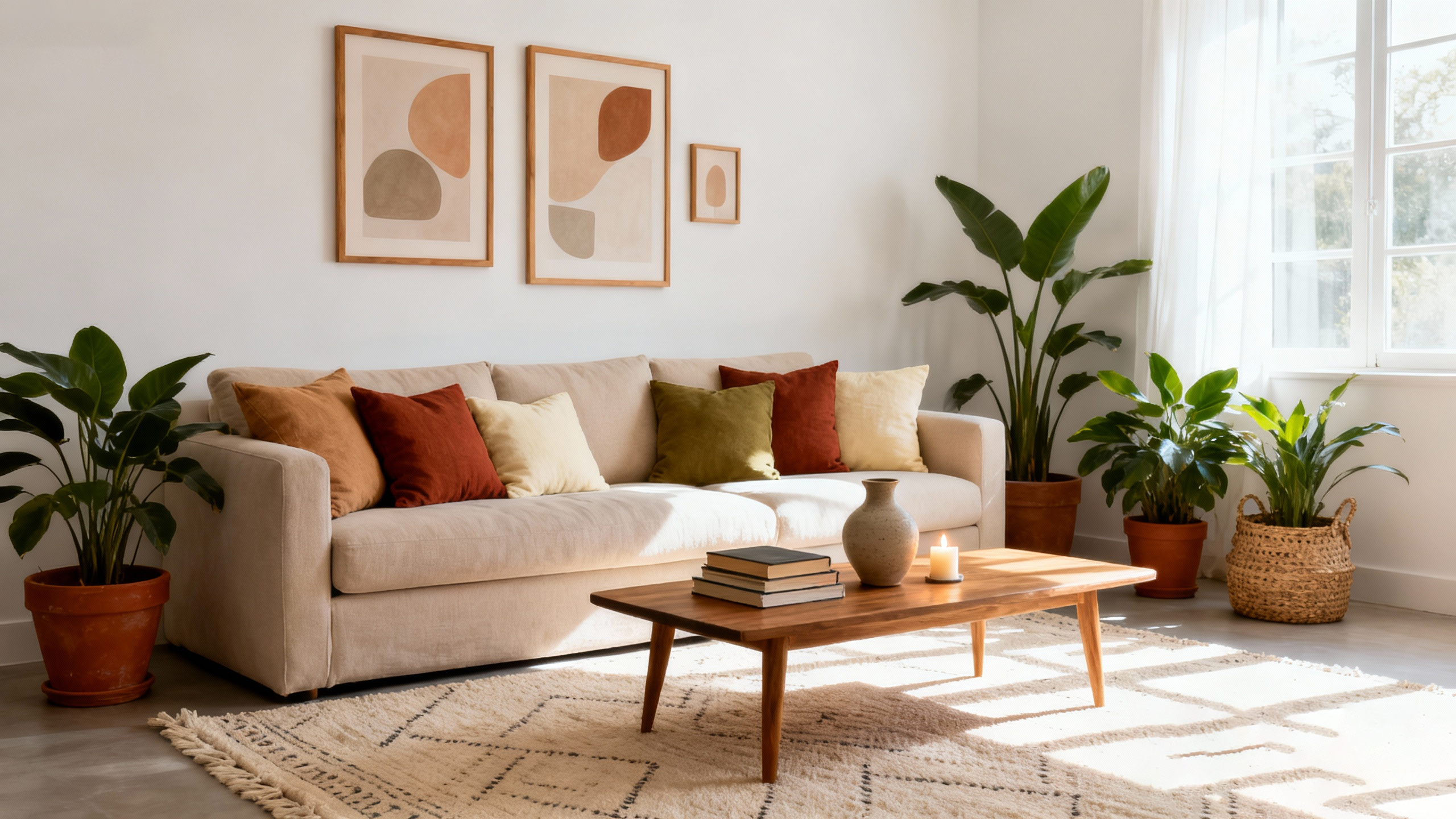 Bright modern boho living room with layered textiles, wall art and plants